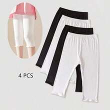 4 Pairs Summer Girls/Kids/Infants Ruffle Edge Capri Leggings, White/Gray/Black/Pink Solid Colors, Thin 3/4 Length Pants, Casual Cute Fashion, Soft & Comfortable Bottoms, Suitable For Daily Wear, Can Be Paired With Tops Or Skirts