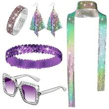 6pcs/Set 70s Disco Glitter Women's Shiny Scarf, Sunglasses, Bracelet, Headband Accessory Set, Costume Party Supplies, Fashion Stylish Basic Stage Outfit Halloween Costume
