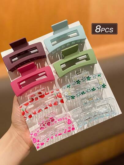 8 piezas Pinzas de pelo cuadradas de mujer de unicolor y estampadas, adecuadas para uso diario, recomendadas como accesorio de pelo de regalo para mujer, accesorios de pelo, pinza de pelo de otoño, clip de moda para el cabello, accesorio de invierno para atuendos de vacaciones