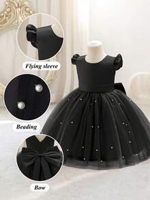 女婴短袖蝴蝶结薄纱黑色优雅圣诞派对礼服，公主裙，适合一周岁生日派对、宴会、婚礼花童装