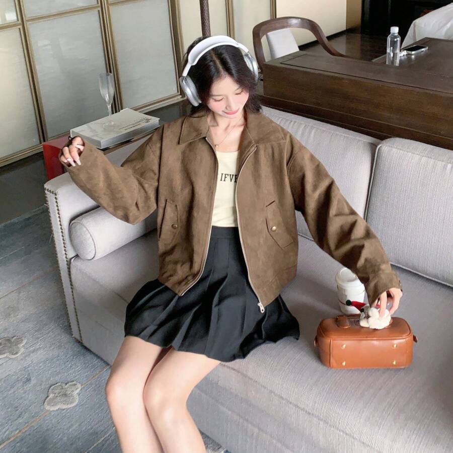 本物のメイラードショートスエードジャケット女性のための春 2025 新しいシックでクールなレザージャケット - ダークブラウン - チェックする 1