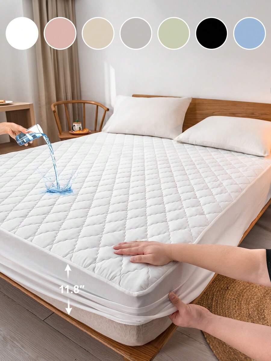 1 pieza Protector de colchón acolchado de unicolor, sábana ajustable, cubierta de colchón, transpirable, lavable a máquina, adecuado para el hogar, dormitorio, para todas las estaciones, edredón antipolvo, hecho de tela suave y transpirable, decoración de otoño, decoración de habitación, vuelta al colegio, útiles escolares