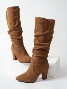 弹力针织尖头高跟高筒靴，新款秋季高跟度假风女靴，褶皱设计，拉长腿部线条，音乐节靴子，百搭切尔西靴，舒适的布质靴子 - 棕色 - 查看 9