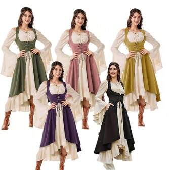 文艺复兴时期女性服装，胸围，海盗农夫高低摆连衣裙（带嘴部开口），派对礼服