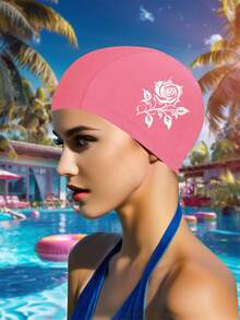 Women's Long Hair Swimming Cap, Large Size Breathable Knitted Swim Cap, Printed Design, Comfortable & Stretchy - 1 Swimming Cap - View 5