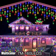 1 pieza Luces de cadena con energía solar, 97/160 luces de carámbano solares LED, luces de hadas impermeables para exteriores, luces de cortina para jardín, patio, Halloween, Navidad, Acción de Gracias, fiestas, campamentos, bodas y cumpleaños - Impermeable, 8 modos de parpadeo