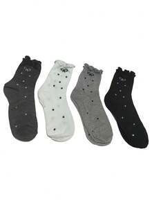 4 Pairs Women's Polka Dot Bow Short Socks, Black, White, Gray Optional, Suitable For Any Season - Multicolor - View 4