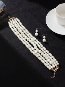 1pc Minimalist Multi-Layer Necklace, 1 Pair Pearl Earrings, 1 Set Jewelry Set - Elegant Faux Pearl Choker Necklace + Earrings Jewelry Set, Suitable For Women's Daily, Party, Or As A Perfect Gift - White - View 4