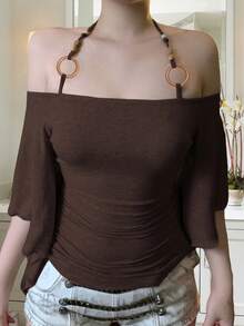 Women Ruched Halter Neck Tops Slim Beaded Short Flutter Sleeve Shirts  Summer Fall Streetwear - Brown - View 3