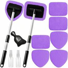 11pcs Auto Windshield Cleaning Kit With 6 Reusable Microfiber Pads, 2 Spray Bottles, Extendable Handles - Green, Popular Auto Cleaning Essential - 紫色 - 查看 1