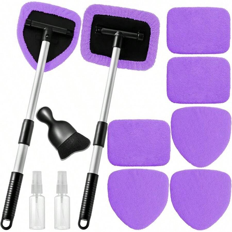 11pcs Auto Windshield Cleaning Kit With 6 Reusable Microfiber Pads, 2 Spray Bottles, Extendable Handles - Green, Popular Auto Cleaning Essential - 紫色 - 查看 1
