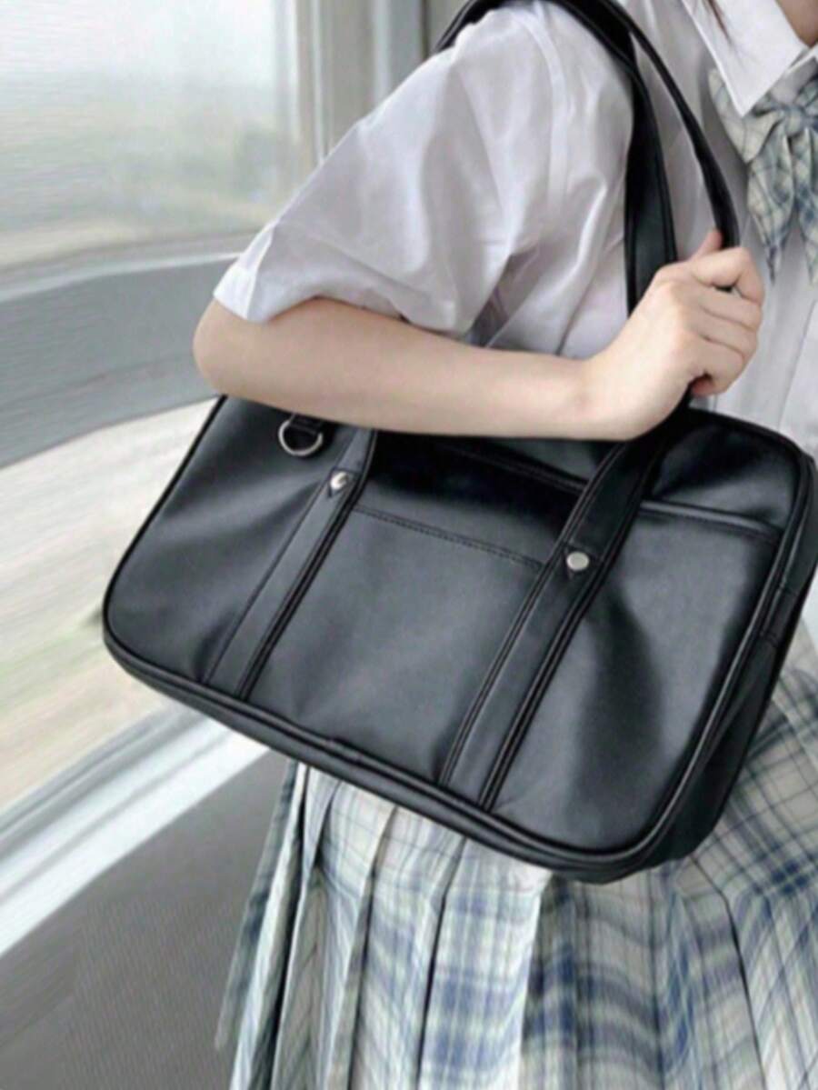 8am Work Ol 手提包，简约时尚的女士 PU 手提包，纯色个性化大容量单肩包，女士商务休闲包，适合办公室、商务和工作学校包，非常适合返校、大学、中学、高中、工作、商务、通勤，带拉链的时尚手提包，女士工作包，适合日常优雅和特殊场合，学生手提包，多个隔层，非常适合海滩、学校、工作和日常使用 - 黑色 - 查看 1