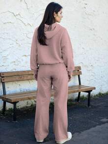 Conjunto De Pantalón Y Sudadera Cómodo Relajado Estilo Holgado Con Capucha Ajuste Suelto Manga Larga Atemporal Casual Y Elegante - Palo de Rosa - Ver 4
