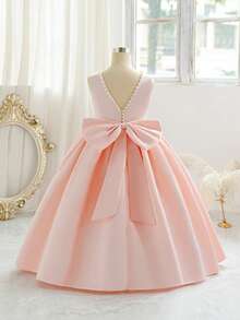 Tween Girl Elegant Backless V-Neck Bow Floral Dress, Princess Gown Suitable For Girls Wedding, Party, Birthday, Communion, Special Occasions - Pink - View 4