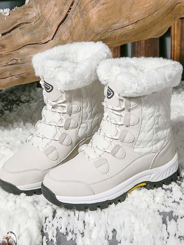 1 Pair Women's White High-Top Snow Boots, New 2025 Winter Outdoor Snow Shoes, Ladies Thermal Lined Thick Warm Short Boots, Waterproof Anti-Slip Snow Travel High-Top Sneakers