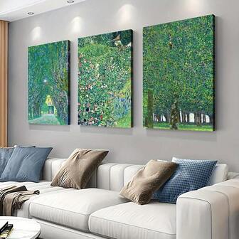 Gustav Klimt Inspired Triptych Canvas Wall Art Prints - Set Of 3 Wrapped Canvas Paintings, Pine Wood Frame, Art Deco Style, Modern Classic Wall Decor For Living Room, Bedroom, Home Office - Indoor/Outdoor Cartoon Theme Artwork, Waterproof Ink, Portrait Orientation - Ideal For Spring & Summer Home, Office, Restaurant Decor & Gifts