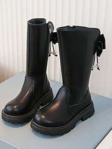 1 Pair Extra Large Black Bow & Colorful Crystal Pendant Decorated Princess Boots, Solid Color Elegant & Fashionable Mid-Calf Boots, Side Zipper Design For Easy On/Off, Thermal Lined For Warmth, Thick Sole For Durable Wear, Suitable For Princess Dresses Or Casual Pants, Fit For Children & Teenage Girls, Autumn/Winter