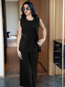 3pcs Set: 1pc Open Front Long Robe With Buttons, 1pc Sleeveless Vest, 1pc Cropped Pants, Elegant Modern Solid Color Suit, Suitable For Casual Daily/Work Wear, Autumn/Winter - Black - View 7