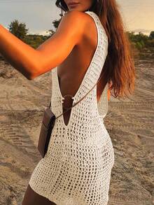 女式夏季波西米亚风性感镂空休闲透明无袖紧身露背短款连衣裙