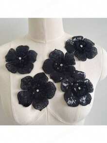 5 件 3D 蕾丝串珠缝纫花，用于装饰衣服、鞋子和帽子 - 黑色 - 查看 5