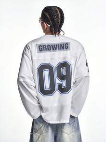 MT99 美式网眼镂空V领09字母印花灯笼袖橄榄绿速干透气白色长袖 - 白色 - 查看 2