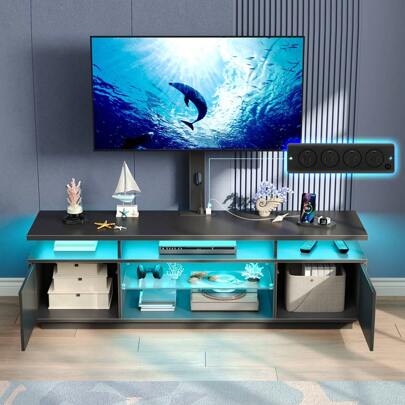 GREENSTELL Modern Entertainment Center TV Stand With Power Socket, LED Lights, Suitable For TVs Of Various Sizes, Rotatable, Large Storage Capacity