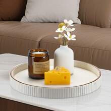 Plateau décoratif rond à rayures verticales avec bordure dorée, plateau en PU pour la décoration de table, la décoration de la maison, le rangement de bureau pour les bijoux, les parfums, les clés - Esthétique de luxe