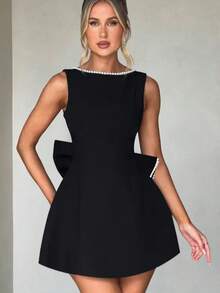 Women's New Summer Pearl Bow Fashionable Slim Short Skirt, Hot Girl Waist-Detached A-Line Solid Color Dress - 黑色 - 查看 9