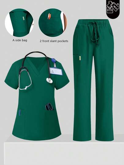 cimmuovere Conjunto de uniforme de mujer con top de cuello en V de manga corta con bolsillo y pantalón recto suelto con bolsillo, para enfermeras, trabajadores de la salud, dentistas, veterinarios y laboratorios