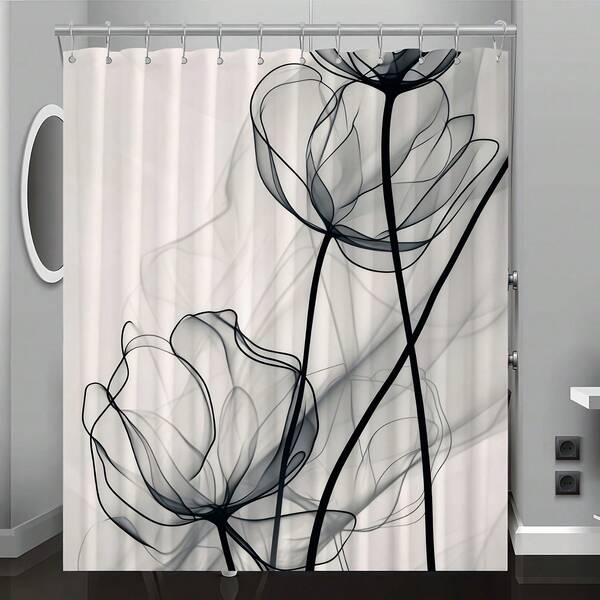 1pc Abstract Art Flower Pattern Shower Curtain - Black & White Digital Print, Machine Washable Polyester Fabric With Hooks, Reversible All-Season Bathroom Decor For Home, Modern Bathroom Decor, Elegant Design, Easy Maintenance, Stylish Homeowners