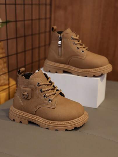 1 Paar khakifarbene Stiefel für Kleinkinder/Kinder, weiches PU-Material, Schnürung vorne und Reißverschluss an der Seite, runde Zehenform, weiche Sohle, modisch und warm, geeignet für Jungen/Mädchen Alltag/Schule, Herbst/Winter Neuheit