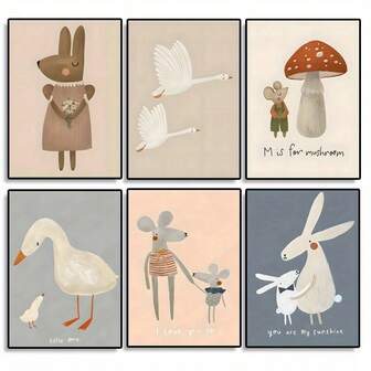 1 st canvastavlor med nordiska tecknade djur - valfri ram, bohemisk stil, väggdekoration för barnrum, modern retroposter med kanin, mus, gås, lämplig för barnrum, vardagsrum och matsal - väggmålningar i art déco-stil