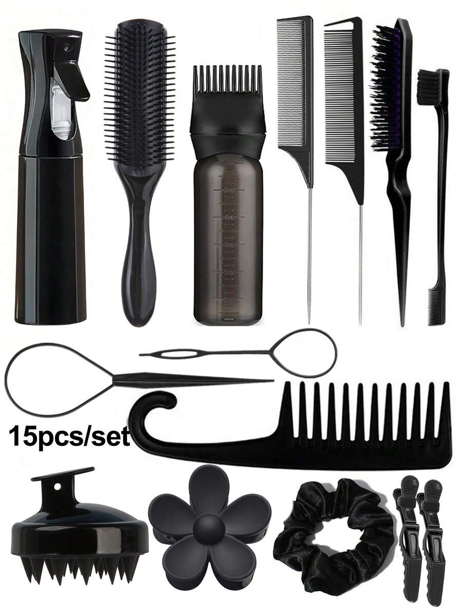 1/3/6/12/13/15件套男女通用美发梳套装，包含梳子套装，可用于蓬松造型、边缘梳理和后梳，九排梳，喷雾瓶（用于梳理打结的头发），头皮按摩洗发刷，优质宽齿梳，花朵发夹，造型梳套装，梳子，发刷，梳子，梳子，打结梳，球形梳，迷你发刷，发刷套装，木梳，发刷，迷你发刷，打结梳，发刷，美发产品，美发工具，美发用品，护发，卷发梳，美发设备，旅行必备，旅行必备，发型，美发，发刷，后梳，造型梳，卷发梳，边缘梳，发梳，梳头发，发刷套装，梳头发，卷发梳，打结梳，女士发刷，头发，旅行，美发产品，美发工具，头发理发用品、理发师、理发配件、理发店、美发设备 - 彩色 - 查看 1