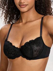Wingslove Women's Sheer Lace Bra With Floral Pattern, Unpadded Underwire Unlined Balcony Cup Bra - Black - View 3