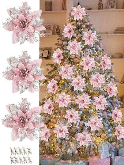 20 pezzi/10 pezzi/1 pezzo Decorazioni natalizie artificiali, fiori finti rosa e argento, adatti per decorare l'albero di Natale, decorazioni per feste di Natale, decorazioni per la casa durante le vacanze, fiori di poinsettia con clip, decorazioni floreali natalizie luccicanti, ornamenti natalizi glitterati per l'albero di Natale, decorazioni per corone, fiori di poinsettia, corone per matrimoni e feste, corone fai-da-te per l'albero di Natale, decorazioni per feste di Capodanno, ornamenti per alberi di Natale per matrimoni