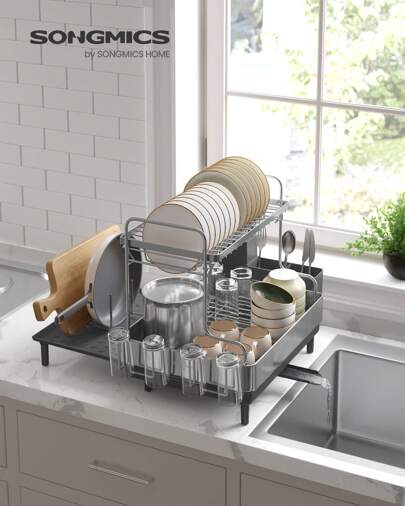 SONGMICS Dish Drainer Rack, Kitchen Expandable Dish Drying Rack, Stainless Steel, Extendable Spout, Utensil, Cup, Cutting Board Holders, (31.7-54.9) X 48.6 X 41 Cm, Silver And Grey