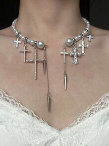 1件时尚精致星形十字吊坠，朋克风合金仿珍珠水钻银项链吊坠，适合女性日常、派对、音乐会佩戴，可作为圣诞节或新年礼物 - 銀色 - 查看 5