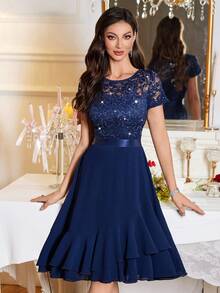 MIUSOL 亮片花卉蕾丝圆领雪纺不对称荷叶边下摆舞会派对 A 字裙 - 藏蓝色 - 查看 2