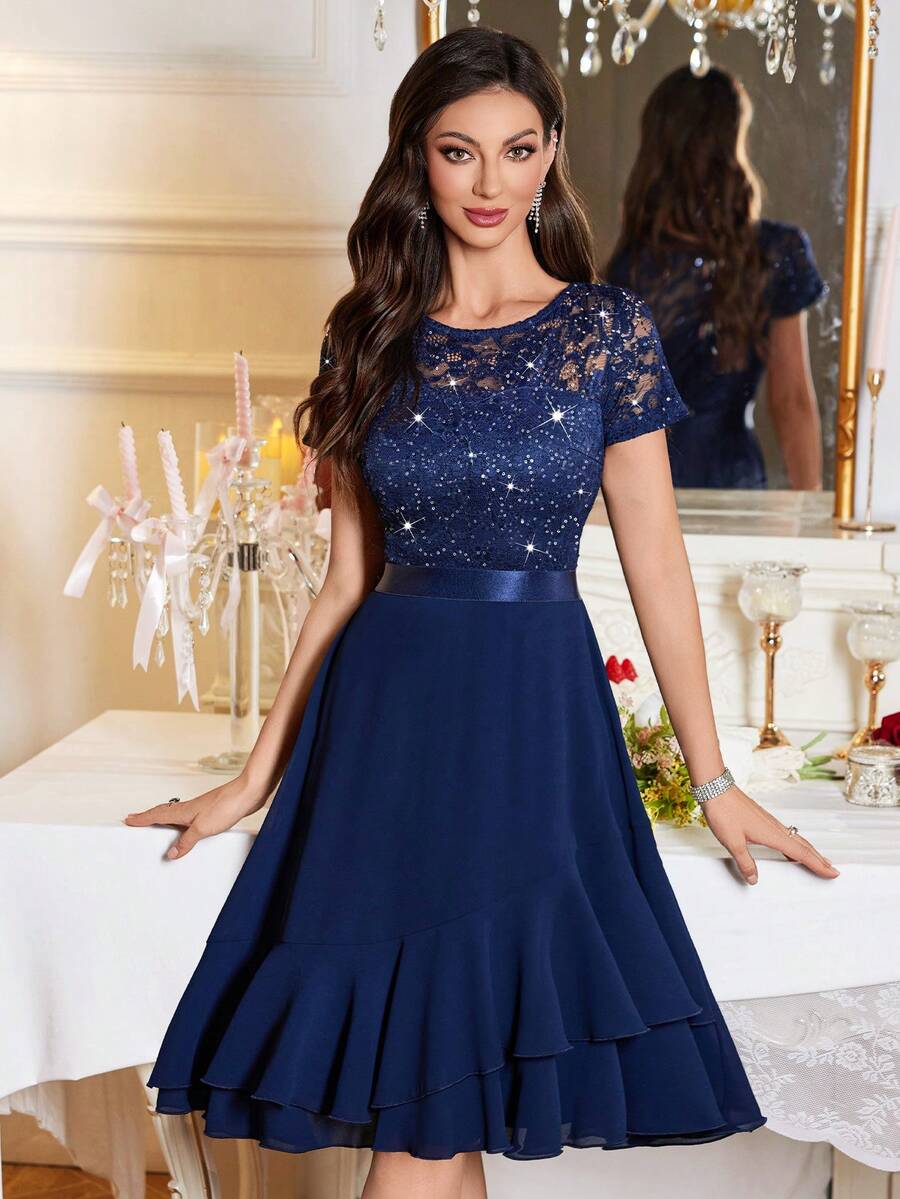 MIUSOL 亮片花卉蕾丝圆领雪纺不对称荷叶边下摆舞会派对 A 字裙