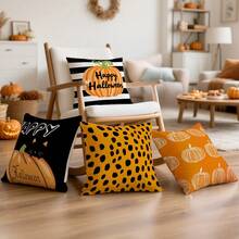 4 Stücke Halloween Kürbis Muster Kissenbezug Set, einseitig Muster