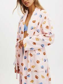 Women Y2k Fluffy Fuzzy Lightweight Bathrobe With Belt Shower Spa House Long Robe Striped Floral Print Shawl Collar Bathrobe Towel Robes Quick Dry - Pink - View 3