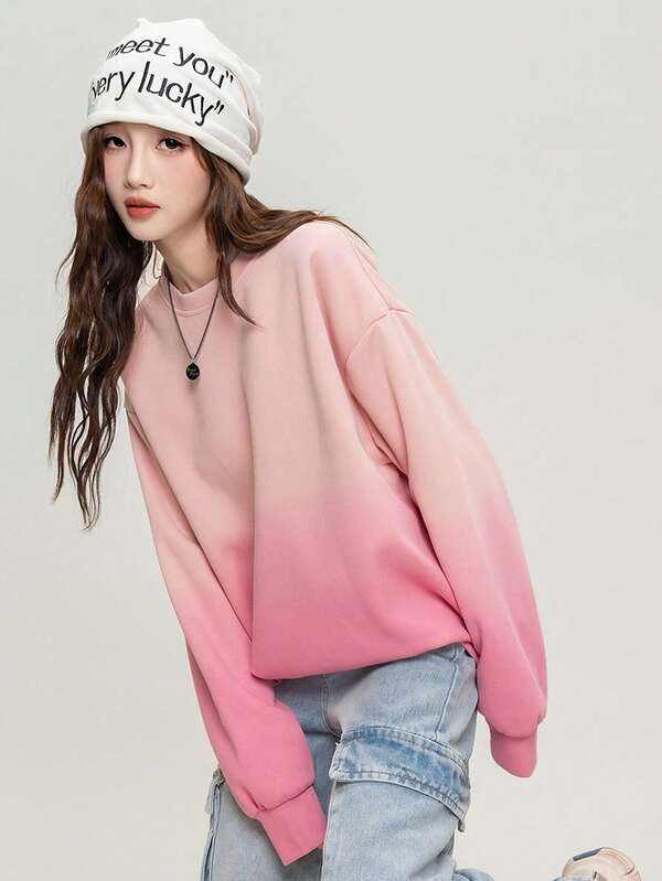 Sudadera holgada de color caramelo, parte superior de cuello redondo versátil y fresca de moda otoñal en degradado