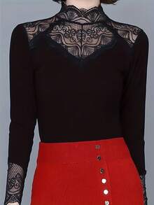 High Collar Lace Camisole, New Stylish And Fashionable Thin Layering Top For Mothers, Black, Spring/Autumn - Black - View 4