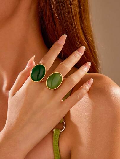 2 piezas Conjunto de joyas de acero inoxidable con estilo exagerado y elegante, con gemas de color verde oscuro y verde claro, adecuado para que las mujeres lo usen o regalen