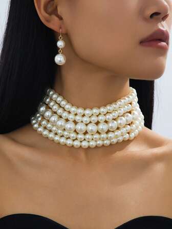 1pc Minimalist Multi-Layer Necklace, 1 Pair Pearl Earrings, 1 Set Jewelry Set - Elegant Faux Pearl Choker Necklace + Earrings Jewelry Set, Suitable For Women's Daily, Party, Or As A Perfect Gift