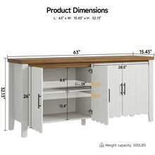 ONBRILL 63 Inch Sideboard Buffet Cabinet, Farmhouse Buffet Cabinet With 4 Wave Panel Doors & Adjustable Shelves, Storage Cabinet, Large Credenza Sideboard For Living Room, Kitchen, White - 白色 - 查看 5