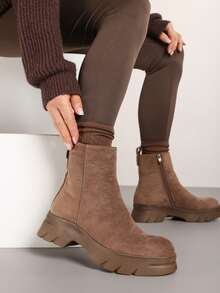 Soft Faux Suede Chunky Boots - Women's Casual Winter Boots - Khaki - View 1