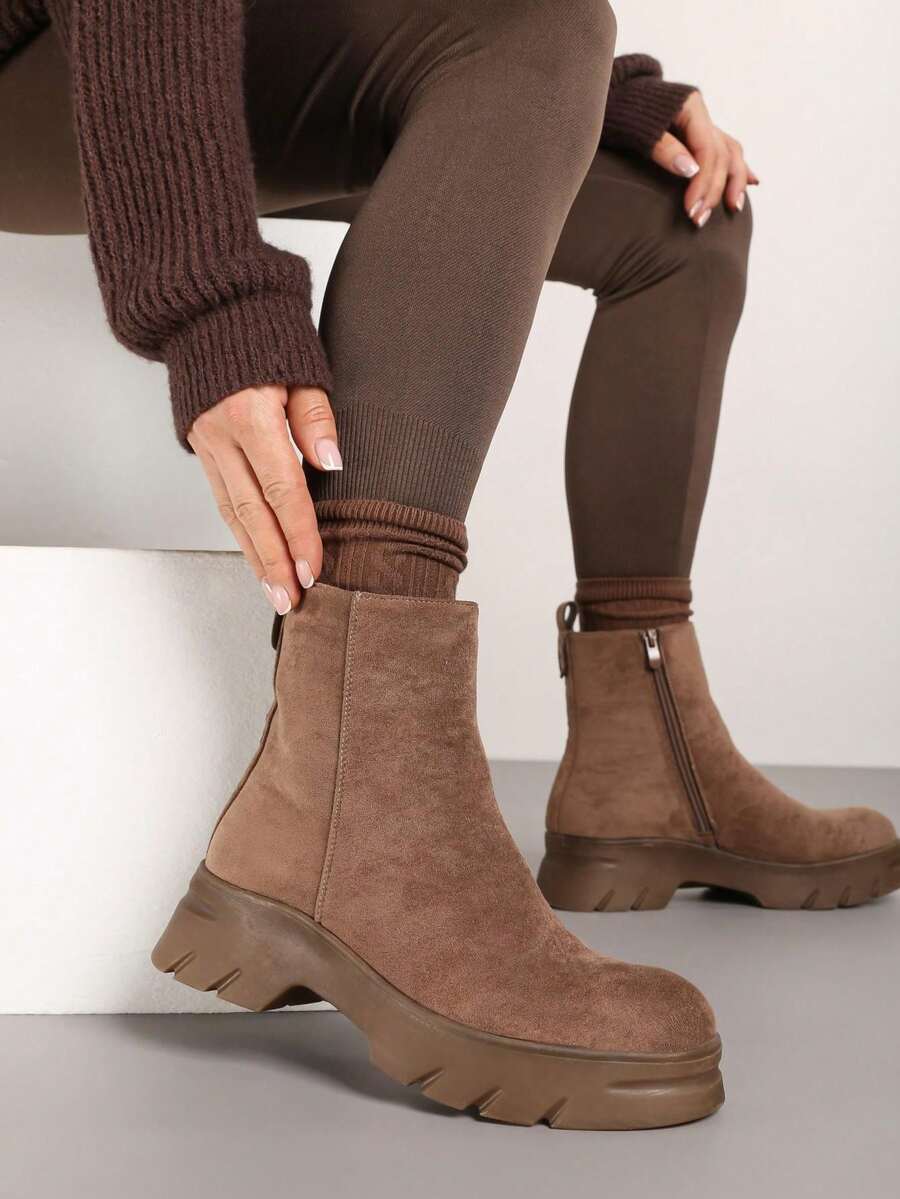 Soft Faux Suede Chunky Boots - Women's Casual Winter Boots - Khaki - View 1