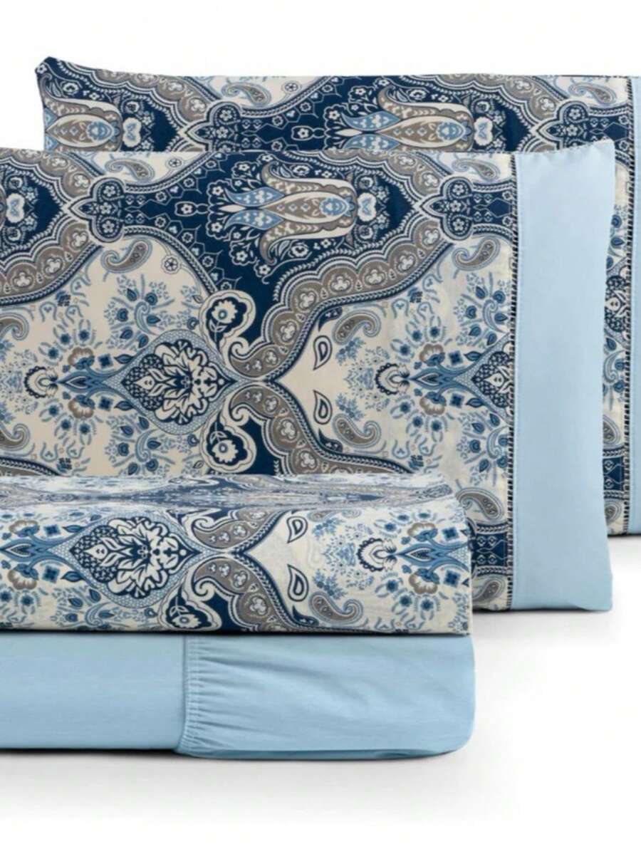 4-PIECE 100% COTTON 180 THREAD COUNT PRINTED SHEET SET, DOUBLE/QUEEN/KING - 藍色 - 查看 1