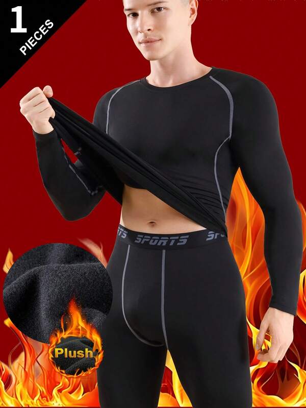 Men's Outdoor Thermal Underwear, Thermal Lined, Thick, Solid Color Long Sleeve Crew Neck Top, Suitable For Cold Weather Outdoor Activities Like Skiing In Autumn/Winter,Fleece